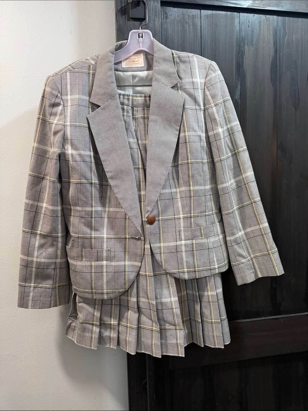 Pendleton Gray Plaid Blazer/Skirt Set Yellow and Black Accents. Vintage